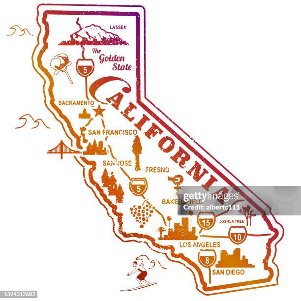 ilustraciones, imágenes clip art, dibujos animados e iconos de stock de sello de viaje retro de california - california