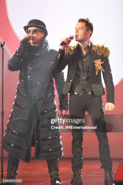 Neil Tennant and Brandon Flowers perform during The BRIT Awards 2009, Earls Court 1, London, UK, Wednesday 18 February 2009.
