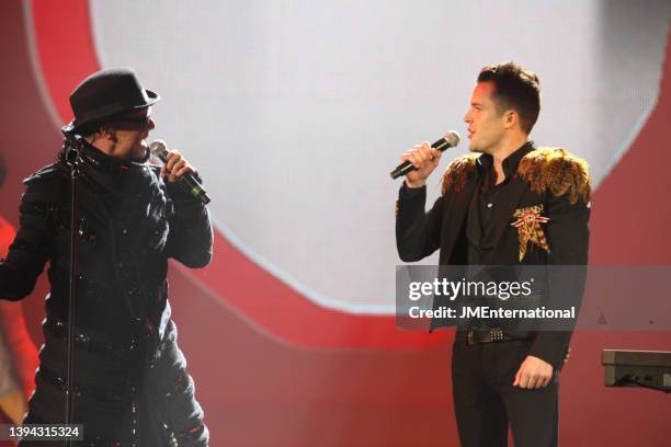 Neil Tennant and Brandon Flowers perform during The BRIT Awards 2009, Earls Court 1, London, UK, Wednesday 18 February 2009.