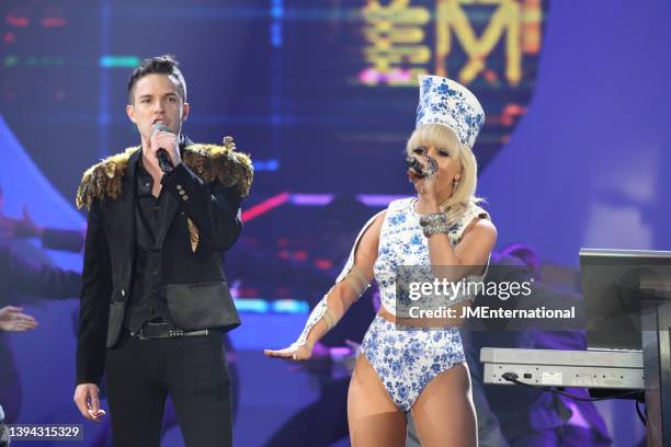 Brandon Flowers and Lady Gaga perform during The BRIT Awards 2009, Earls Court 1, London, UK, Wednesday 18 February 2009.