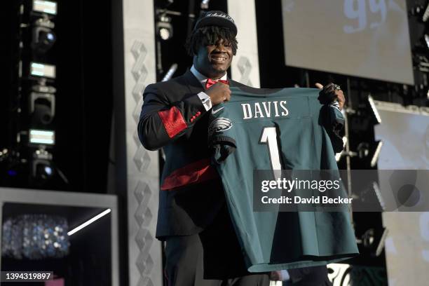 Jordan Davis poses onstage after being selected 13th by the Philadelphia Eagles during round one of the 2022 NFL Draft on April 28, 2022 in Las...