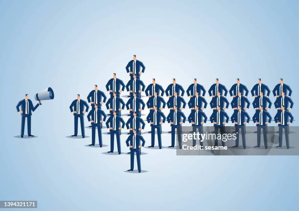 marketing and motivating employees or boosting morale, manager holding megaphone and speaking in front of crowd forming arrows, corporate team culture - job listing stock illustrations