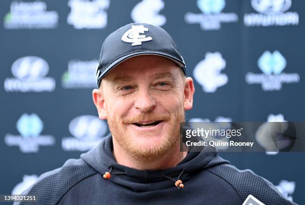 Blues head coach Michael Voss speaks to the media during a Carlton Blues AFL training session at Ikon Park on April 29, 2022 in Melbourne, Australia.