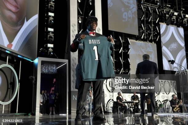 Jordan Davis poses onstage after being selected 13th by the Philadelphia Eagles during round one of the 2022 NFL Draft on April 28, 2022 in Las...
