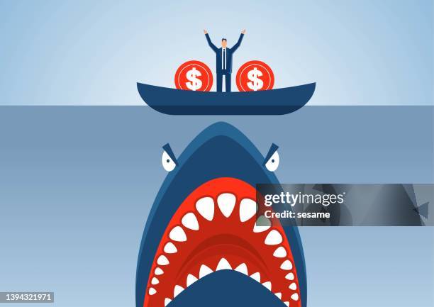 stockillustraties, clipart, cartoons en iconen met businessman's ship carrying money is attacked by crazy big shark in the ocean, financial risk financial storm, business investment risk, business risk management and forecasting - big bang
