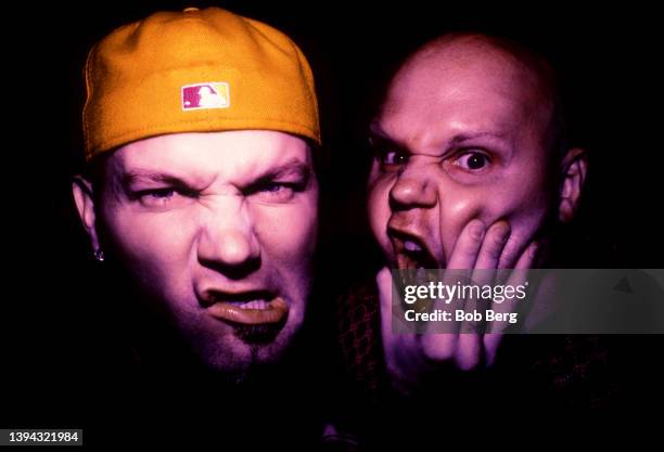 American rapper, singer, songwriter, actor, and film director Fred Durst and bassist Sam Rivers, of the American rap rock band Limp Bizkit, pose for...