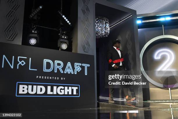 Jordan Davis celebrates onstage after being selected 13th by the Philadelphia Eagles during round one of the 2022 NFL Draft on April 28, 2022 in Las...