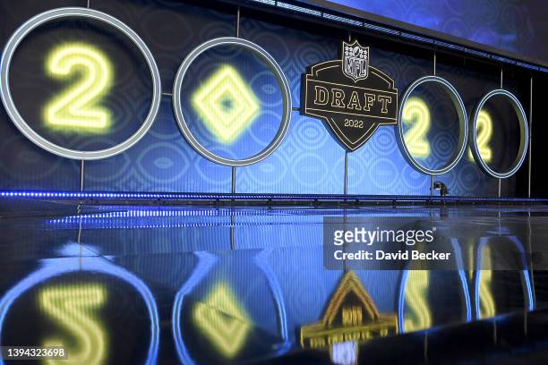 Detailed view of the 2022 Draft logo during round one of the 2022 NFL Draft on April 28, 2022 in Las Vegas, Nevada.