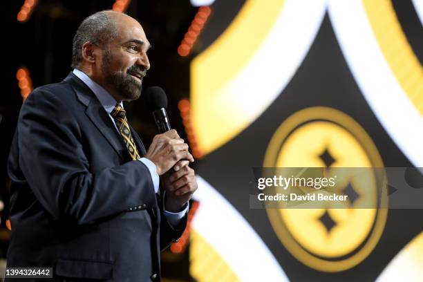 Hall of Famer Franco Harris speaks during round one of the 2022 NFL Draft on April 28, 2022 in Las Vegas, Nevada.