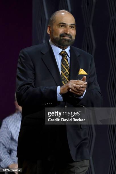 Hall of Famer Franco Harris walks onstage during round one of the 2022 NFL Draft on April 28, 2022 in Las Vegas, Nevada.