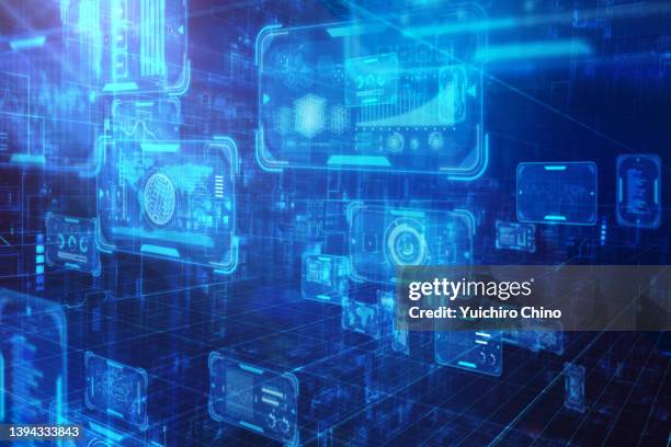 data flowing in large digital space tunnel - holograma fotografías e imágenes de stock