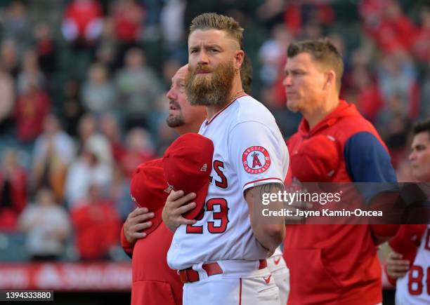 Archie Bradley of the Los Angeles Angels looks on before the game against the Cleveland Guardians at Angel Stadium of Anaheim on April 27, 2022 in...