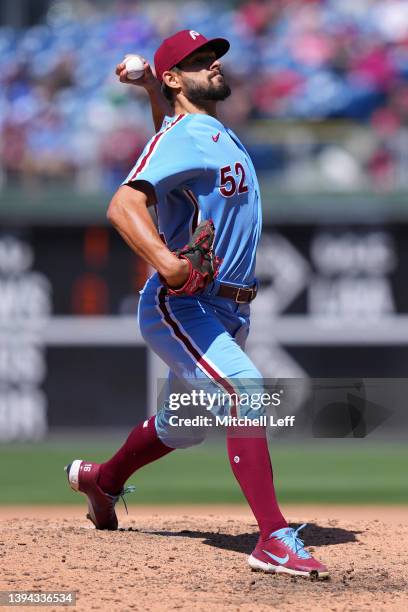 Brad Hand of the Philadelphia Phillies throws a pitch against the Colorado Rockies at Citizens Bank Park on April 28, 2022 in Philadelphia,...