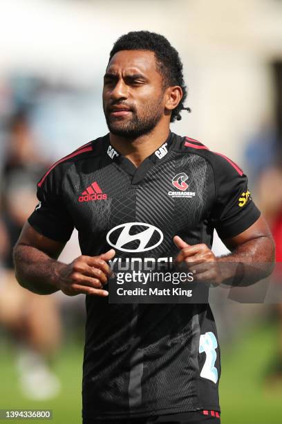 Sevu Reece warms up during a Crusaders Super Rugby training session at Scot's College on April 29, 2022 in Sydney, Australia.