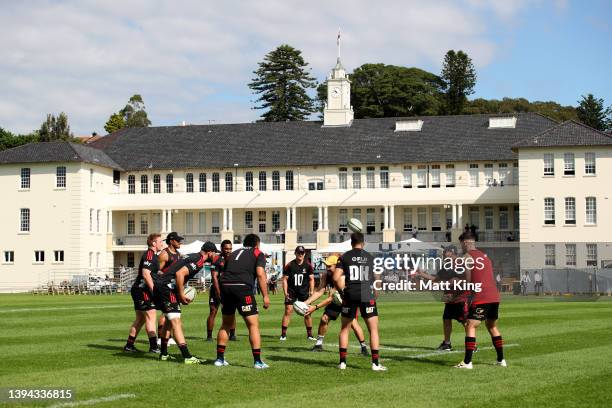 Players warm uduring a Crusaders Super Rugby training session at Scot's College on April 29, 2022 in Sydney, Australia.