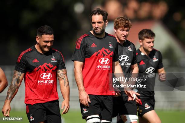 Sam Whitelock looks on during a Crusaders Super Rugby training session at Scot's College on April 29, 2022 in Sydney, Australia.