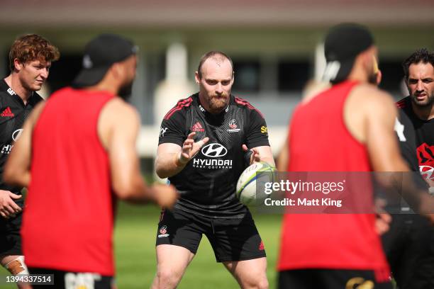 Oli Jager takes part in a drill during a Crusaders Super Rugby training session at Scot's College on April 29, 2022 in Sydney, Australia.