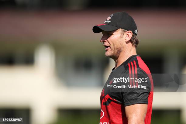 Crusaders head coach Scott Robertson looks on during a Crusaders Super Rugby training session at Scot's College on April 29, 2022 in Sydney,...