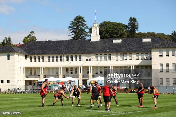 Players warm uduring a Crusaders Super Rugby training session at Scot's College on April 29, 2022 in Sydney, Australia.