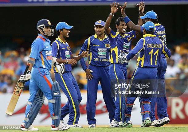 Nuwan Kulasekara of Sri Lanka celebrates after bowling out Sachin Tendulkar of India during game eight of the One Day International Series between...