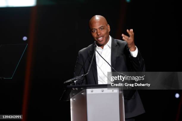 Kevin Frazier speaks onstage during the CinemaCon Big Screen Achievement Awards during CinemaCon 2022 at Omnia Nightclub at Caesars Palace on April...