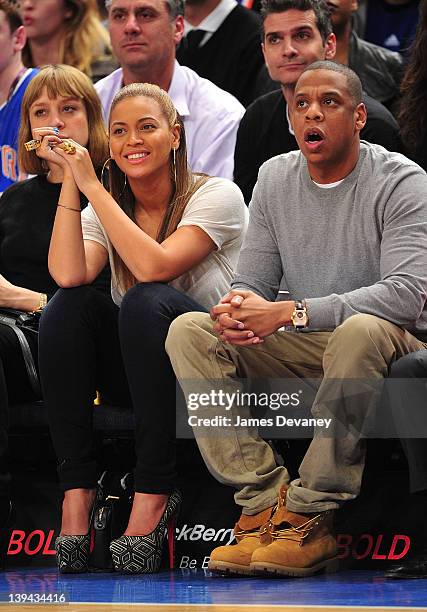 Beyonce and Jay-Z attend the New Jersey Nets vs New York Knicks game at Madison Square Garden on February 20, 2012 in New York City.