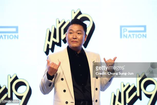 Singer PSY attends the press conference of his new album "Psy 9th" at Fairmont Ambassador Hotel on April 29, 2022 in Seoul, South Korea....