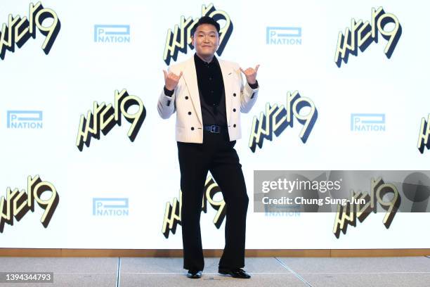 Singer PSY attends the press conference of his new album "Psy 9th" at Fairmont Ambassador Hotel on April 29, 2022 in Seoul, South Korea....