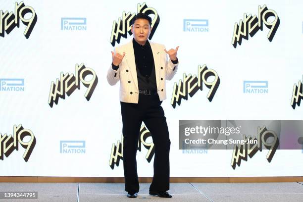 Singer PSY attends the press conference of his new album "Psy 9th" at Fairmont Ambassador Hotel on April 29, 2022 in Seoul, South Korea....