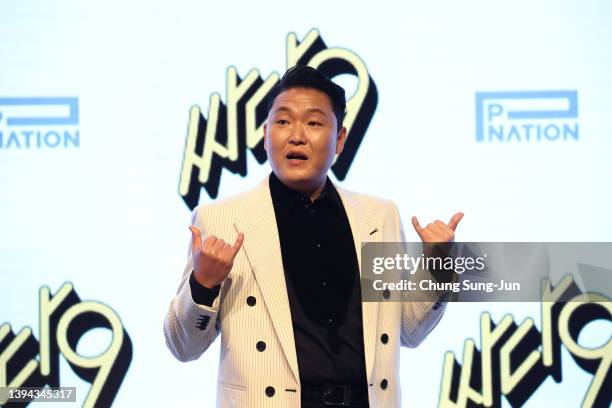 Singer PSY attends the press conference of his new album "Psy 9th" at Fairmont Ambassador Hotel on April 29, 2022 in Seoul, South Korea....