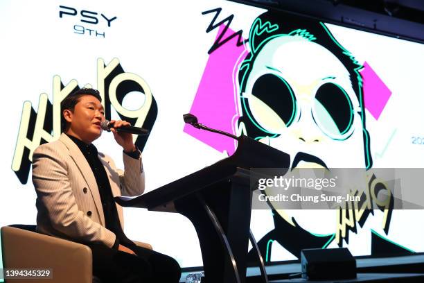 Singer PSY attends the press conference of his new album "Psy 9th" at Fairmont Ambassador Hotel on April 29, 2022 in Seoul, South Korea....