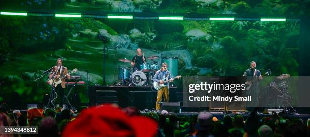 Brian Bell, Patrick Wilson, Rivers Cuomo and Scott Shriner of Weezer perform at the Draft Theater during the 2022 NFL Draft on April 28, 2022 in Las...