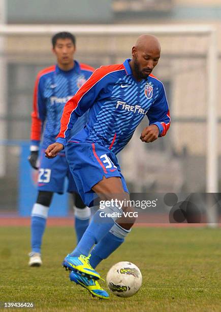 French football player Nicolas Anelka of Shanghai Shenhua in action during a warm-up match between Shanghai Shenhua and Hunan Xiangtao at Shenhua...