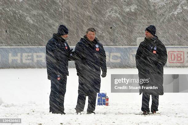Otto Rehhagel, new head coach of Hertha BSC Berlin talks with Rene Tretschok as he takes charge of his first training session with his new team on...
