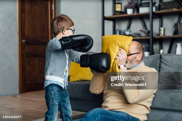 playful boy wearing boxing gloves playing with grandfather covering face with pillow in living room - covers head with pillow stock-fotos und bilder