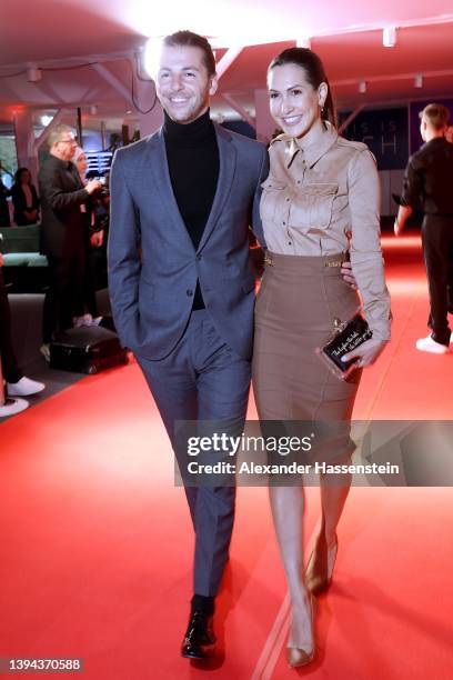 Riccardo Basile attends with Clea-Lacy Juhn the "Aufschlag bei Bild 2022" Night on day six of the BMW Open by American Express at MTTC IPHITOS on...