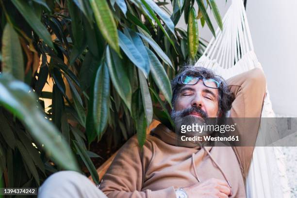 senior man napping on hammock in backyard - garden hammock stock pictures, royalty-free photos & images