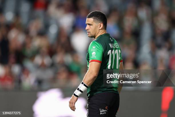 Cody Walker of the Rabbitohs warms up during the round eight NRL match between the South Sydney Rabbitohs and the Manly Sea Eagles at Central Coast...
