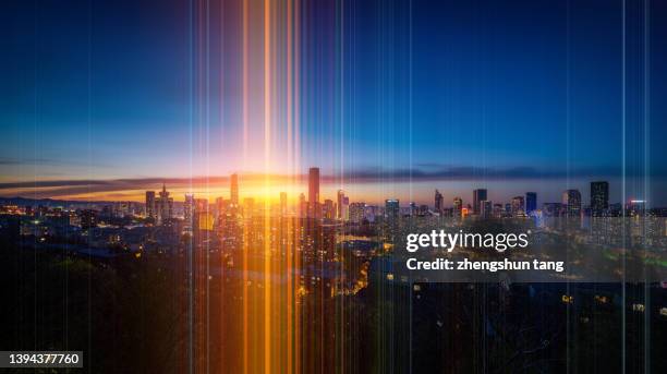 smart city concept and dalian skyline at dusk. - smart communicate elevation view stockfoto's en -beelden