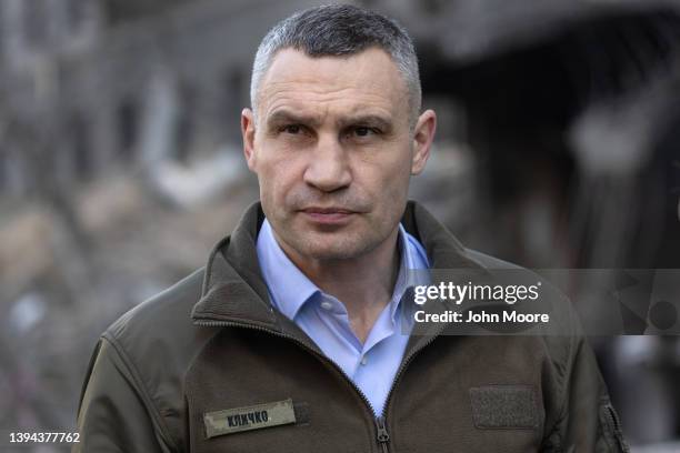 Kyiv Mayor Vitali Klitschko surveys the site of a missile strike in the Shevchenkivskyi district on April 29, 2022 in Kyiv, Ukraine. The mayor said...