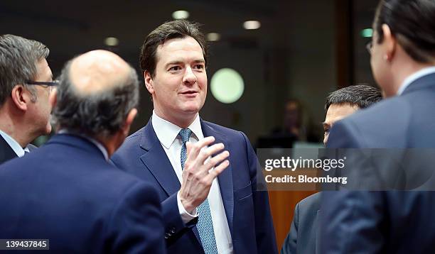 Left to right, Luis de Guindos, Spain's economy minister, Steven Vanackere, Belgium's finance minister, George Osborne, U.K. Chancellor of the...