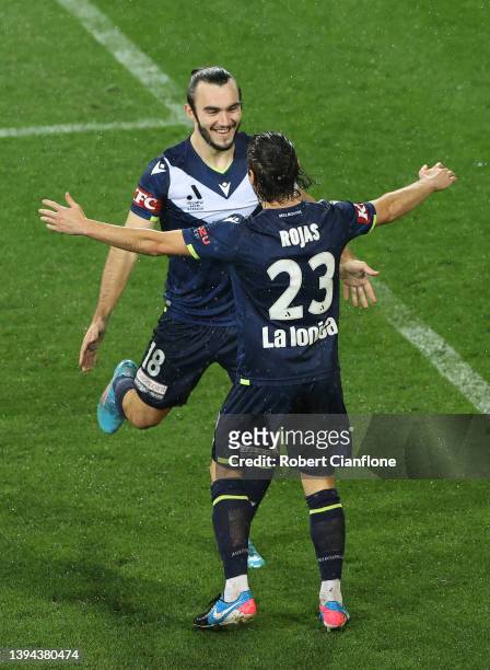 Nick D'Agostino of the Victory celebrates after scoring a goal during the A-League match between Melbourne Victory and Wellington Phoenix at AAMI...