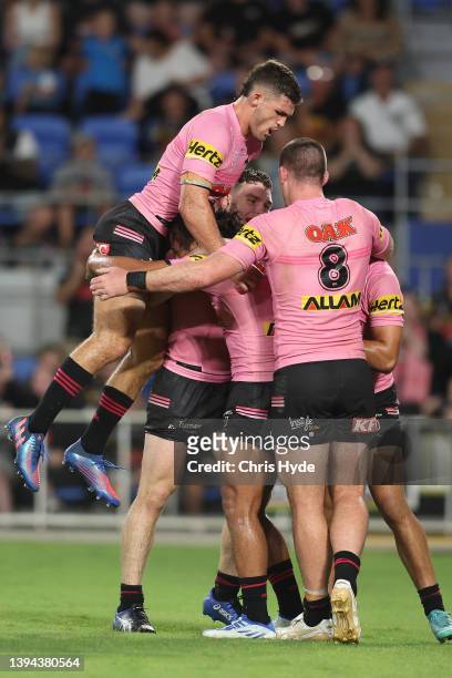 Jarome Luai of the Panthers celebrates a try during the round 8 NRL match between the Titans and the Panthers at Cbus Super Stadium, on April 29 in...