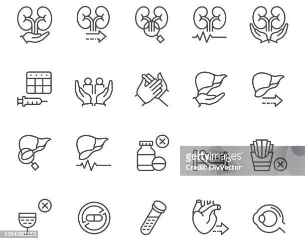ilustraciones, imágenes clip art, dibujos animados e iconos de stock de conjunto de iconos de trasplante de órganos - kidney donation