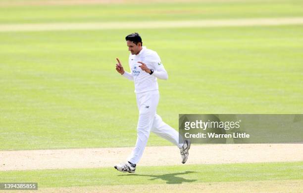 Mohammad Abbas of Hampshire celebrates dismissing Danny Lamb of Lancashire during the LV= Insurance County Championship match between Hampshire and...