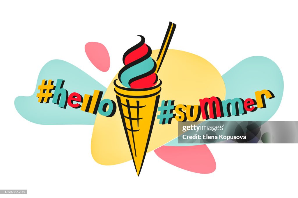 Ciao estate. Un bicchiere di gelato waffle in stile piatto su uno sfondo bianco isolato. Icona grafica o logo. Illustrazione vettoriale creativa in formato EPS.
