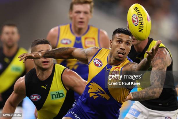 Tim Kelly of the Eagles gathers the ball during the round seven AFL match between the West Coast Eagles and the Richmond Tigers at Optus Stadium on...