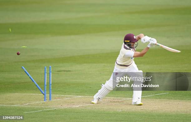 Lewis Gregory of Somerset is bowled by Oliver Hannon-Dalby of Warwickshire during Day Two of the LV= Insurance County Championship match between...