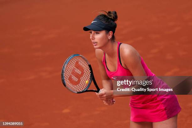 Oceane Dodin of France looks on in his match against Elena Rybakina of Kazakhstan during Day Two of Mutua Madrid Open at La Caja Magica on April 29,...