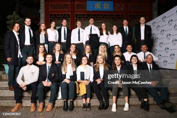 Athletes pose for a team photo during of the Australian 2022 Winter Olympic Games Team Welcome Home function at the Chinese Garden of Friendship on...